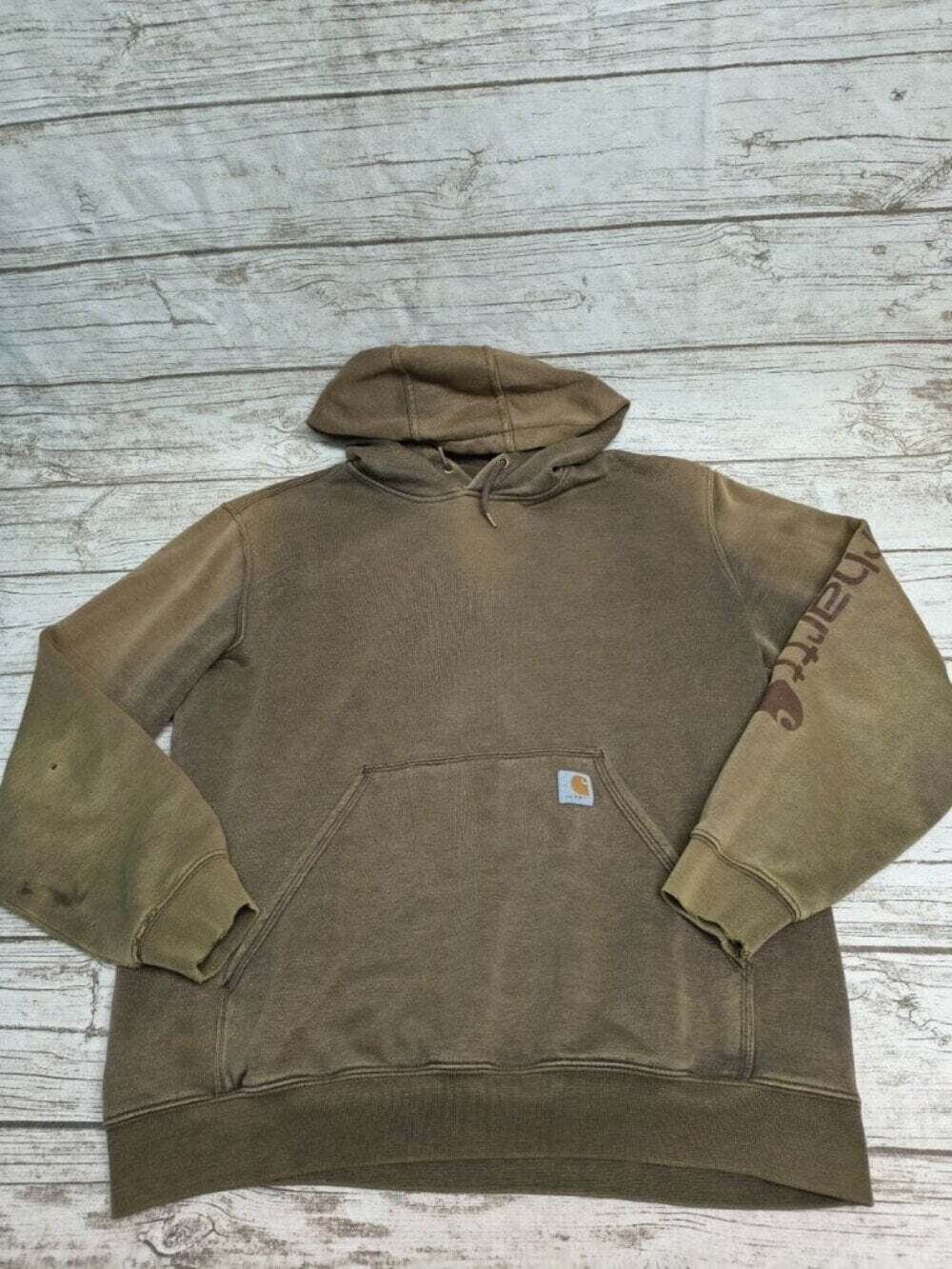 Vintage Y2K Carhartt Brown Workwear Hooded Sweatshirt Faded Size Large
